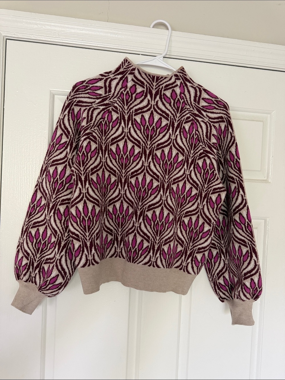 Anthropologie Beige Sweater with Pink Floral Jacquard